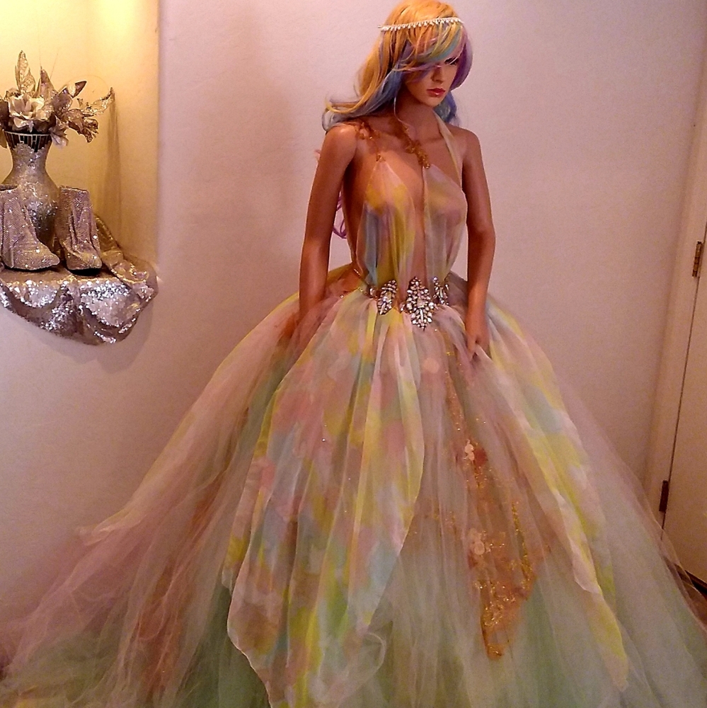 LAUREL Watercolor Chiffon/Gold Wedding Ballgown